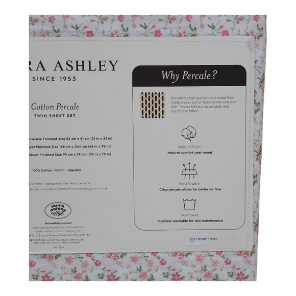 Laura Ashley Twin Cotton Percale Floral Sheet Set Pink Green Flowers - Picture 7 of 8